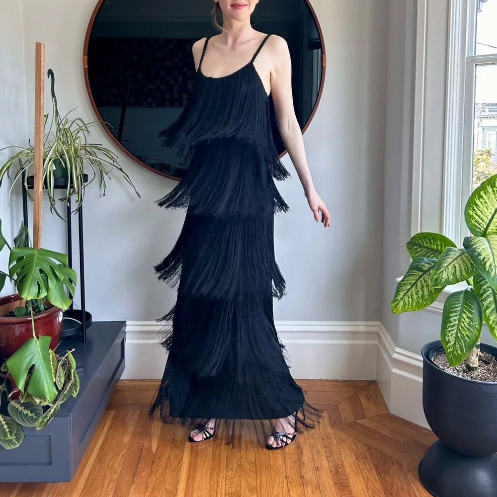Vintage 1970s fringe column dress, size 38, black - Picture 3 of 4